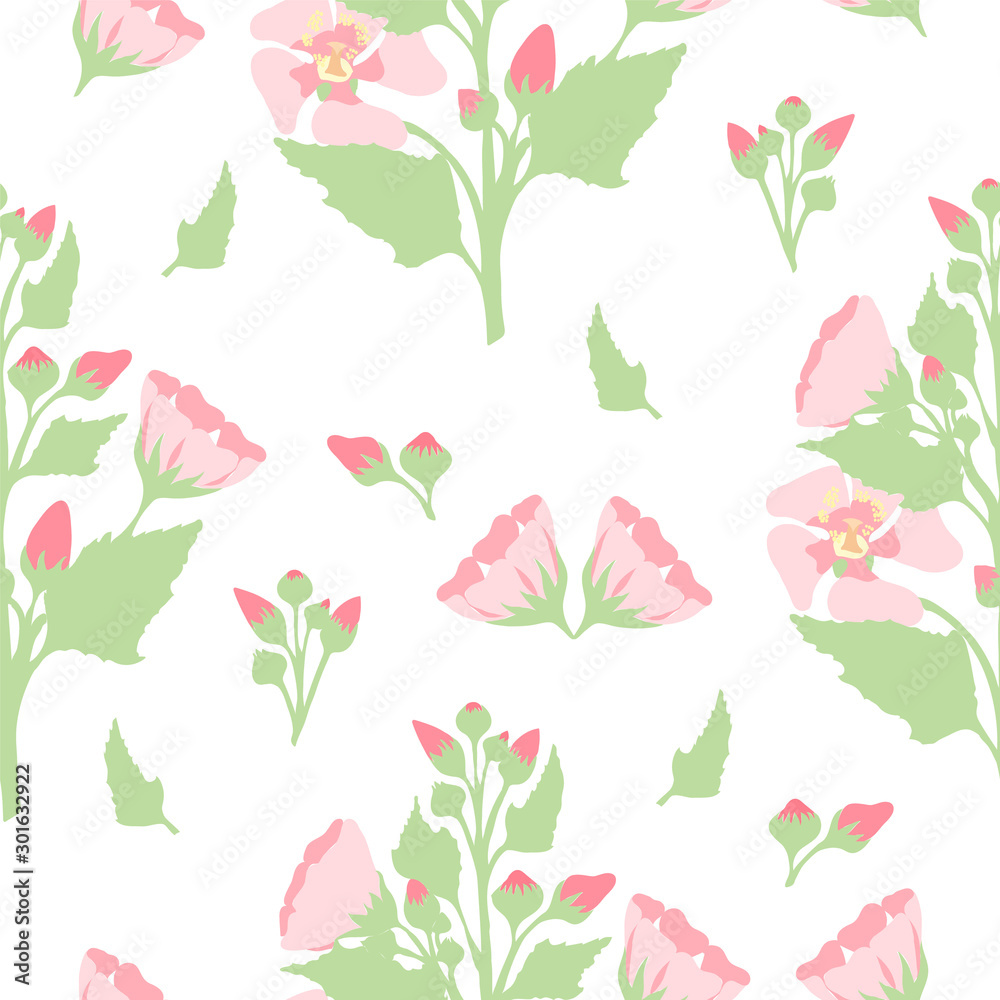 Pattern with Marsh-Mallow Bush, Flowers and Buds