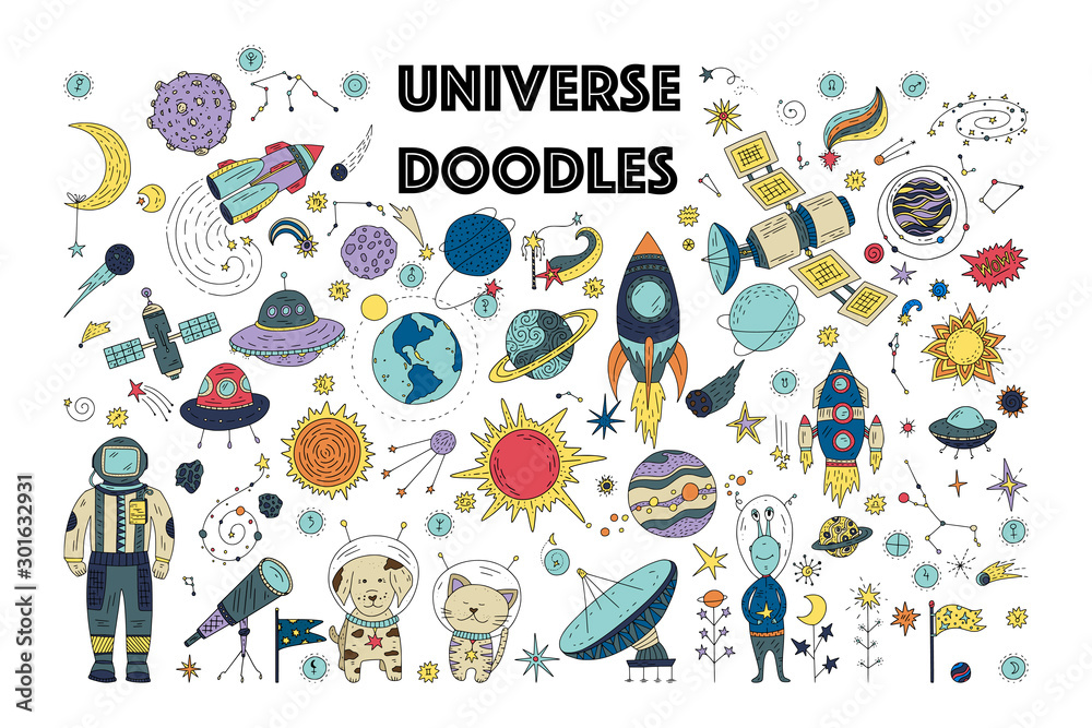 Big universe galaxy space doodle vector set. Astronaut man, animals with planets, comet, spaceship, satellite and star icon collection. - obrazy, fototapety, plakaty 