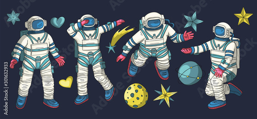 Huge vector clip art hand drawn astronaut collection. Spaceman cosmonaut science icon space set. People wearing spacesuits in different poses. Astronomy cosmos design.