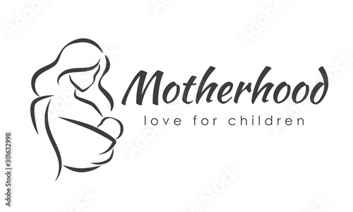 Mother with a baby in her hands and baby sling. Stylized outline symbol. Motherhood, love, mother care, woman, child. Silhouette, icon, logo, sign. Vector illustration