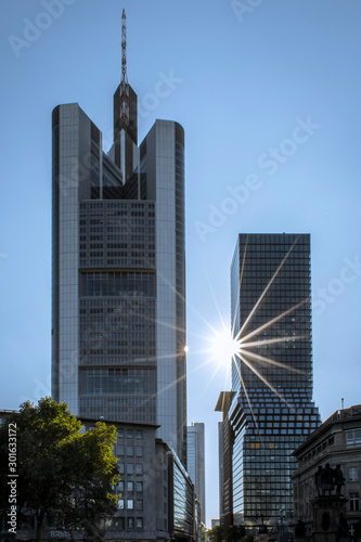 Skyscraper in Frankfurt with sun star