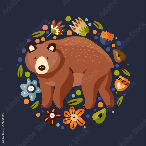 Woodland vector round card with cute forest animal in a flat style. Big grizzly brown bear with botanical flora elements.