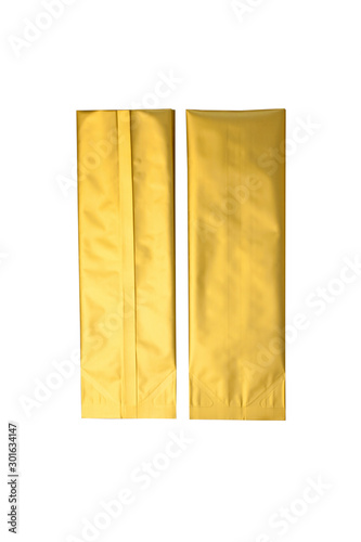Fotografie Golden metalized side gusset pouch bags isolated on white background