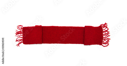 Red knitted scarf on a white background.