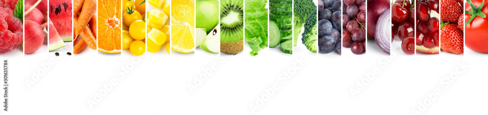 Collage of  fruits, vegetables and berries. Fresh mixed food - obrazy, fototapety, plakaty 