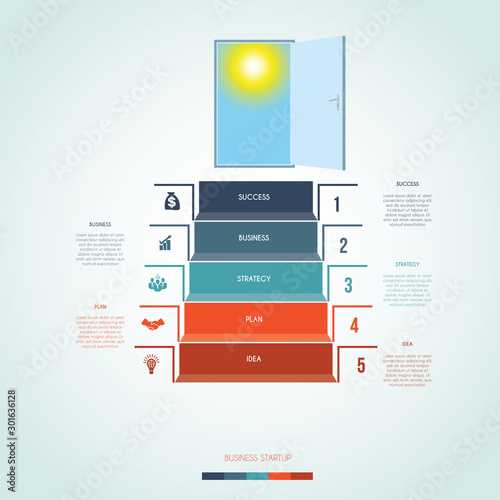 Template infographics. Steps staircase to the open door. Business success startup. Vector illustration for 5 positions, possible to use for workflows, banners, diagrams, web designs, timelines
