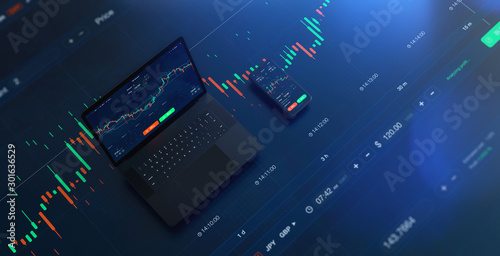 Futuristic stock exchange scene with laptop, mobile phone, chart, numbers and SELL and BUY options (3D illustration) photo
