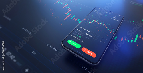 Futuristic stock exchange scene with mobile phone, chart, numbers and SELL and BUY options (3D illustration)
