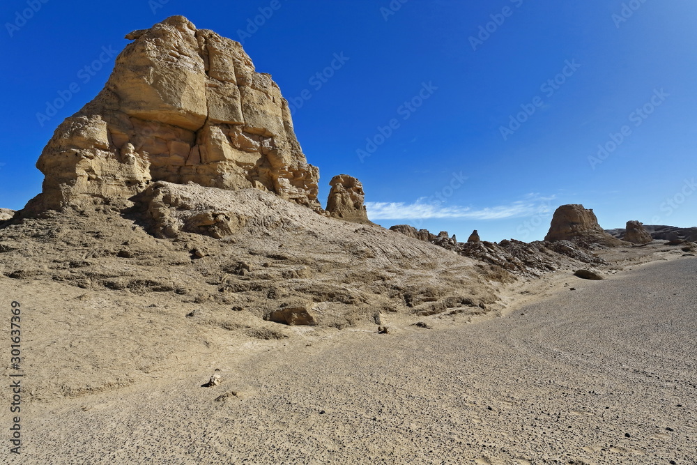 Yardangs-wind eroded rock and bedrock surfaces-alternating ridges and furrows-Qaidam desert-Qinghai-China-0560
