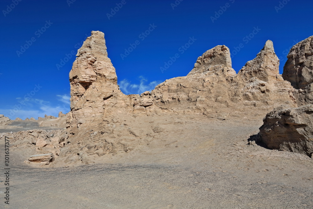 Yardangs-wind eroded rock and bedrock surfaces-alternating ridges and furrows-Qaidam desert-Qinghai-China-0561