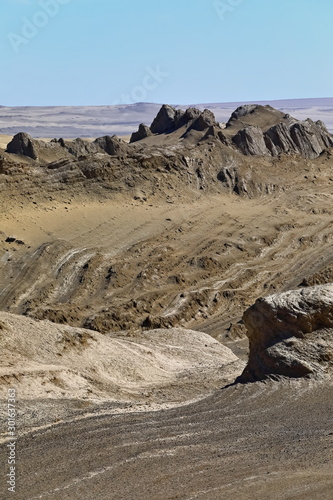 Yardangs-wind eroded rock and bedrock surfaces-alternating ridges and furrows-Qaidam desert-Qinghai-China-0558 photo