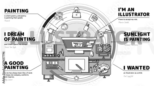 Stylish promo poster about the work and workspace of illustrators.