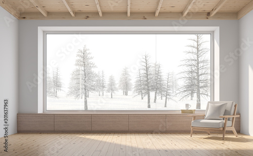 Fototapeta Naklejka Na Ścianę i Meble -  Empty room with snow scene background 3d render,There are white wall,wooden floor and ceiling,wood seat,decorate with fabric chair.There are big  windows look out to see nature view.