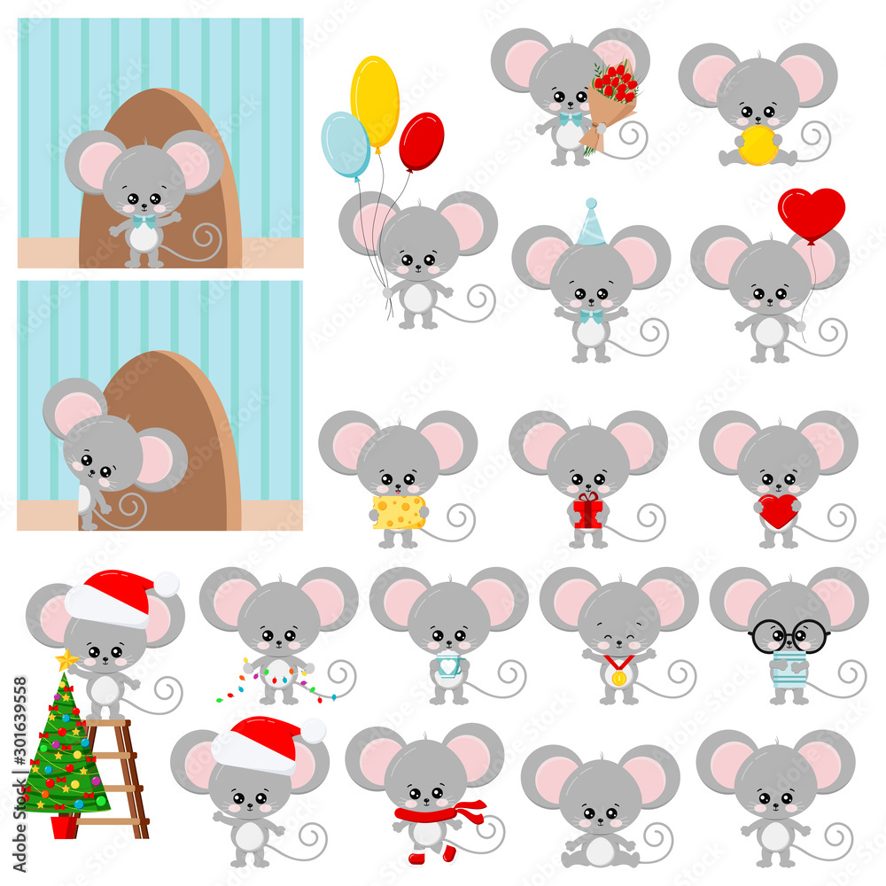 Cute mouse vector set isolated on white background - flat design cartoon character.