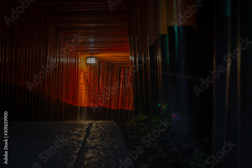 Red Torii gates in Fushimi Inari shrine in Kyoto, Japan at night