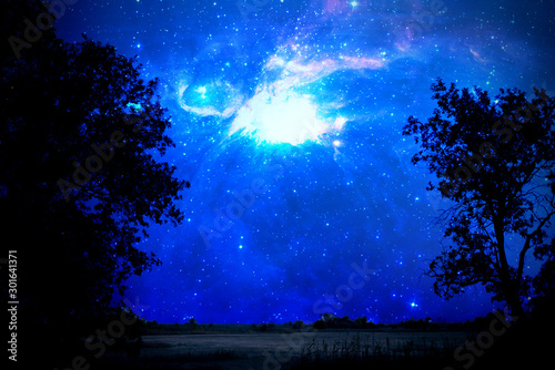 the stars in the sky above the wild nature field landscape. elements of this Image furnished by nasa