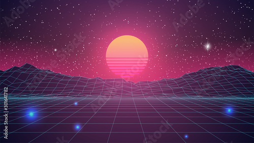 Synthwave Sunset Background. Virtual 3d landscape with Sun. Perspective Grid with starry sky. 80s sci-fi or game style. Banner, poster, cover or Retro party flyer template. Stock vector illustration