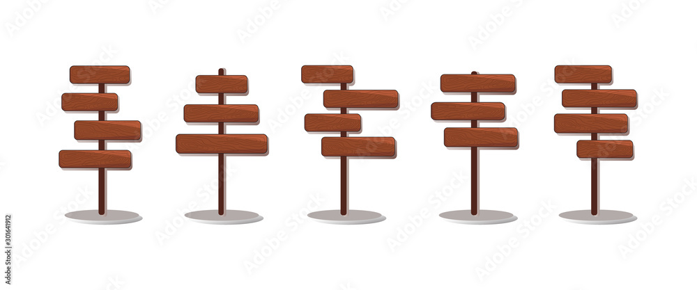 Set of brown wooden pointers. Signage collection. Set of brown wooden pointers. Signage collection.