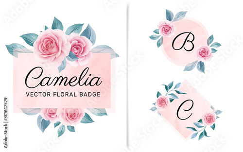 Set of feminine geometric badge with peach watercolor background and flowers. Beautiful logo for branding and wedding card composition design concept