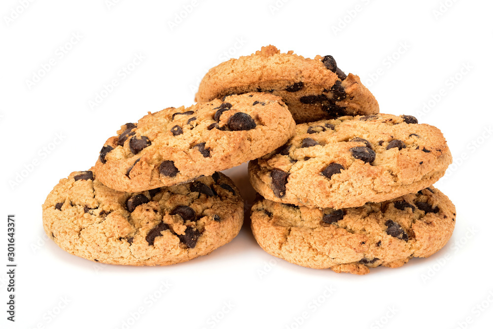 Homemade cookies. Five sweet cookies with chocolate chips. Tasty biscuit in high resolution close-up, isolated on white background with small shadows. Homemade bakery. Homemade cookies. Five sweet cookies with chocolate chips. Tasty biscuit in high resolution close-up, isolated on white background with small shadows. Homemade bakery.