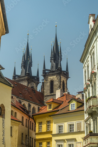 Towers of church of Our Lady Before Tyn at Prague old town square, Czech Republic, Europe.