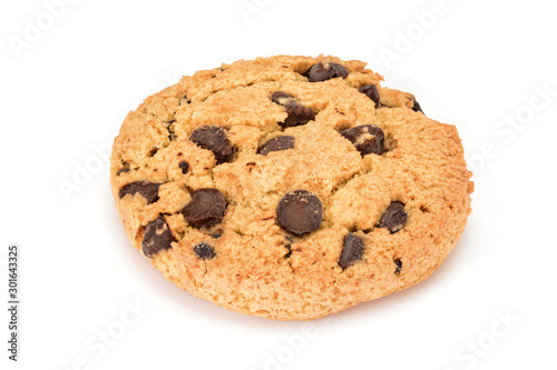 Homemade cookies. Sweet cookie with chocolate chips. Tasty biscuit in high resolution close-up, isolated on white background with small shadows. Homemade bakery.