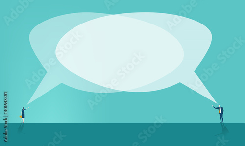 Two business people talking on distance. Big speech bubbles with space for text. Business concept illustration  photo