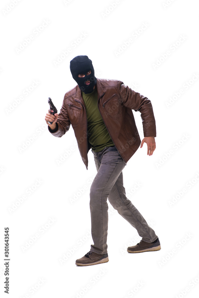 Robber wearing balaclava isolated on white background Robber wearing balaclava isolated on white background
