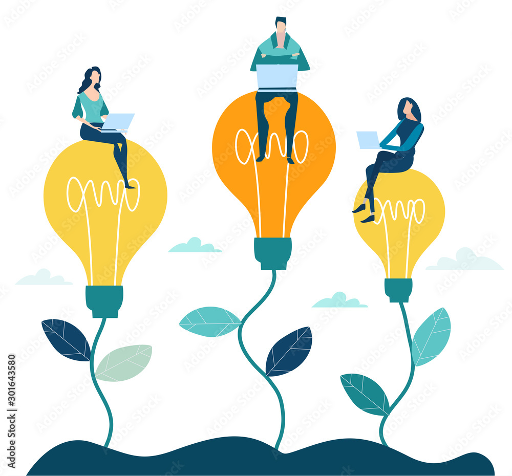 Business people, creative team sitting on light bulbs and producing ideas. Concept illustration - obrazy, fototapety, plakaty 