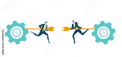 Two businessman running towards each other with electricity plug and socket to create more energy and profitability. Business concept illustration