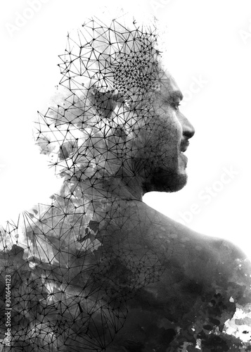 Paintography. Double exposure of an attractive male model combined with hand drawn paintings with lines and geometry, black and white