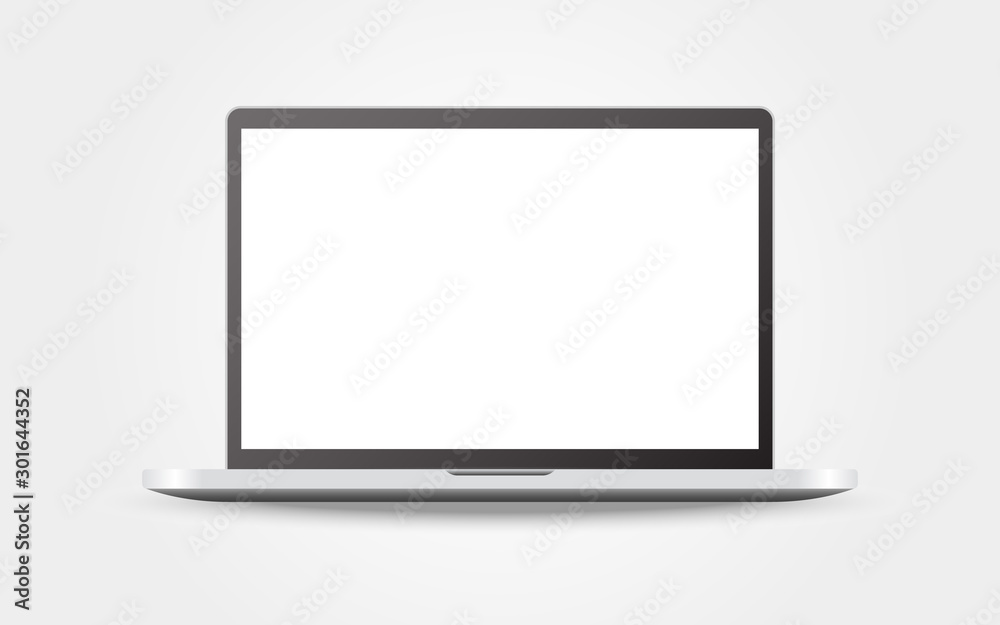 Realistic laptop on light background. Clean design with blank screen. White notebook mockup isolated. Computer with empty screen. Silver device with shadow. Vector illustration Realistic laptop on light background. Clean design with blank screen. White notebook mockup isolated. Computer with empty screen. Silver device with shadow. Vector illustration