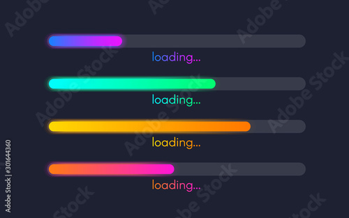 Loading bar set. Color gradient lines on dark backdrop. Progress visualization. Color web design elements. Loading status collection. Vector illustration photo