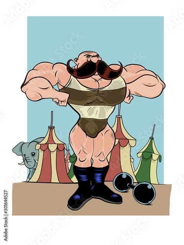 Strong man of the circus with a big moustache. Vector illustration