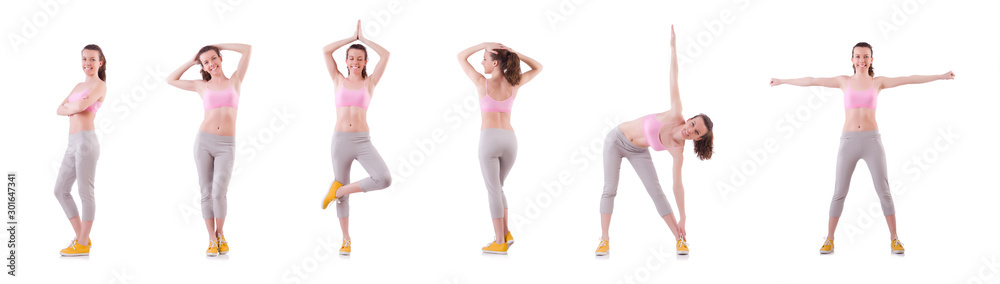Young woman doing exercises on white Young woman doing exercises on white