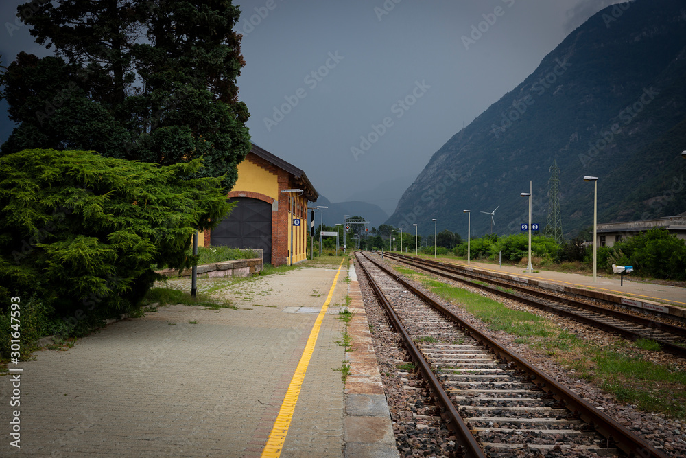 train-station at Verres town on a stormy dark day, Aosta Valley, Italy