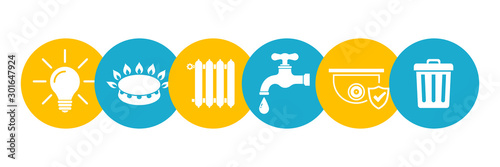 Utilities icons in flat style: water, gas, lighting, heating, security, waste – stock vector