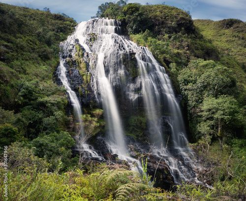 Long exposure of a waterfall called El manto de la Virgen in Santander  Colombia.