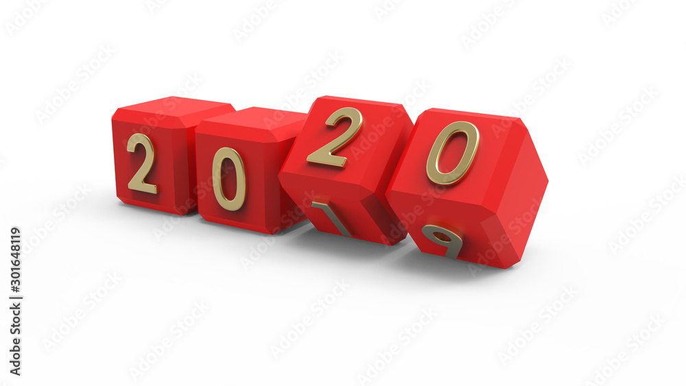 Red cubes with 2019-2020 change on a white background represents the new 2020 year, three-dimensional rendering, 3D illustration Red cubes with 2019-2020 change on a white background represents the new 2020 year, three-dimensional rendering, 3D illustration