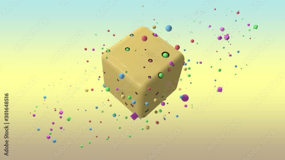3D animation of a large yellow cube with holes and balls in the holes