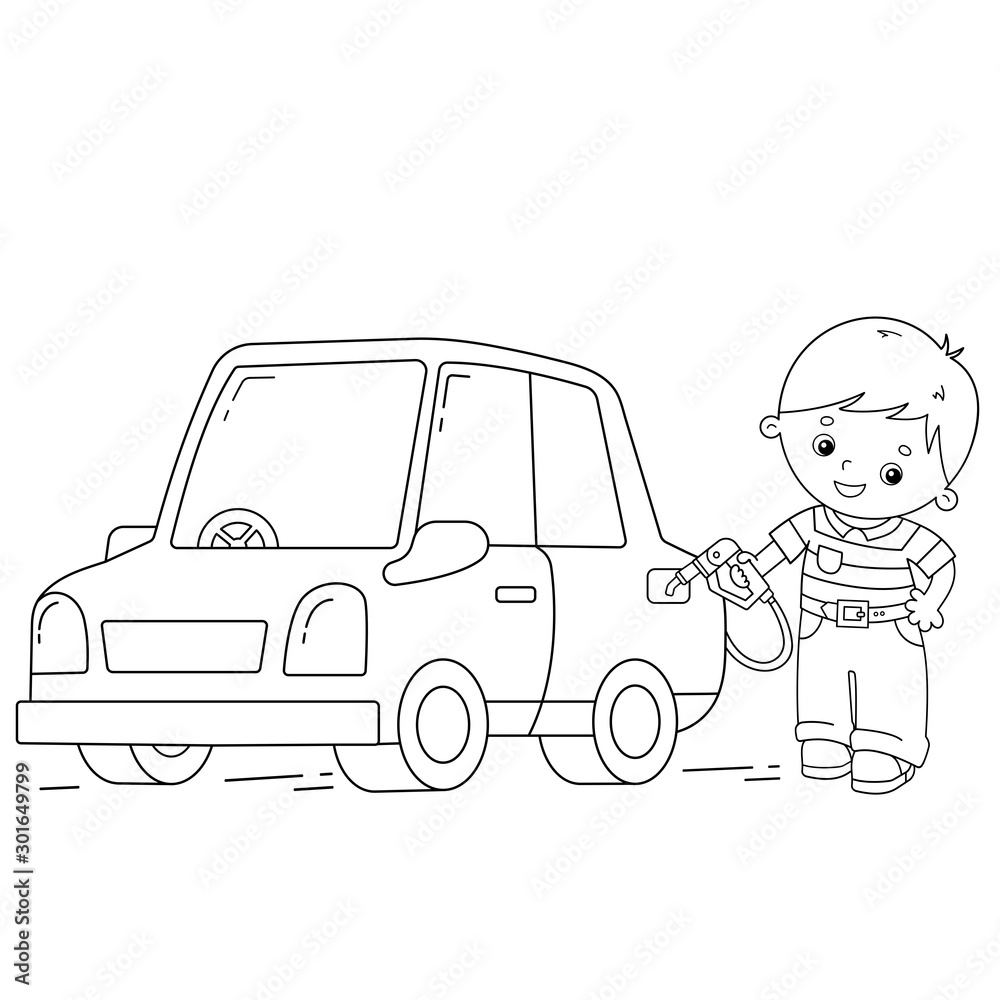 Coloring Page Outline Of cartoon driver with car on petrol station. Images  transport or vehicle for children. Coloring book for kids. Stock Vector |  Adobe Stock