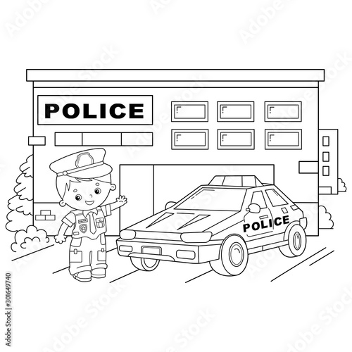 Coloring Page Outline Of cartoon policeman with car. Profession - police. Image transport or vehicle for children. Coloring book for kids.