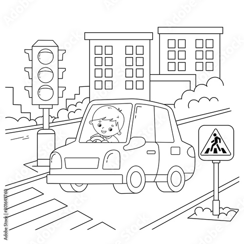 Coloring Page Outline Of cartoon car with driver on road. Traffic light. Image transport or vehicle for children. Coloring book for kids.