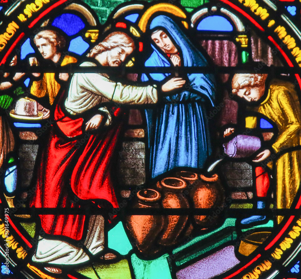 Stained Glass in Notre-Dame-des-flots, Le Havre - Wedding at Cana - obrazy, fototapety, plakaty 