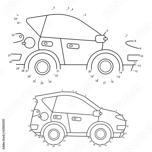 Car. Educational Puzzle Game for kids: numbers game. Image transport or vehicle for children. Coloring book.