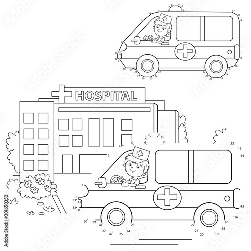 Educational Puzzle Game for kids: numbers game. Ambulance car. Coloring Page Outline Of cartoon doctor with ambulance car near the hospital. Coloring book for children.