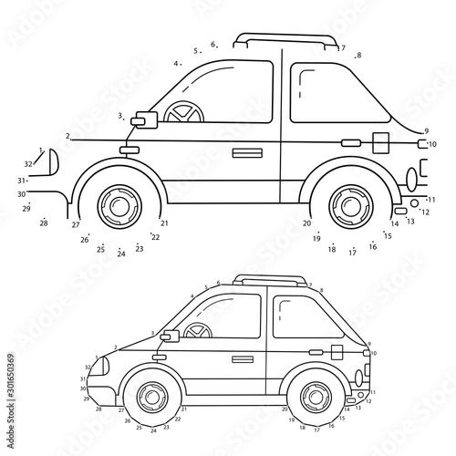 Car. Educational Puzzle Game for kids: numbers game. Image transport or vehicle for children. Coloring book.