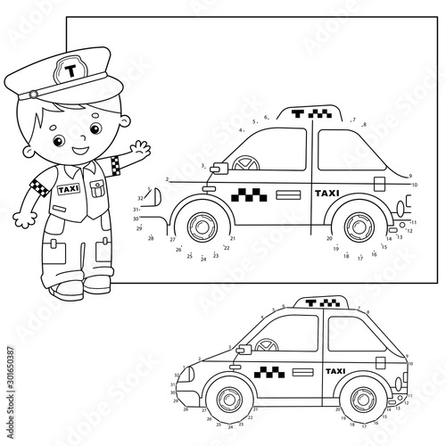Educational Puzzle Game for kids: numbers game.Taxi car. Images transport or vehicle for children. Coloring book