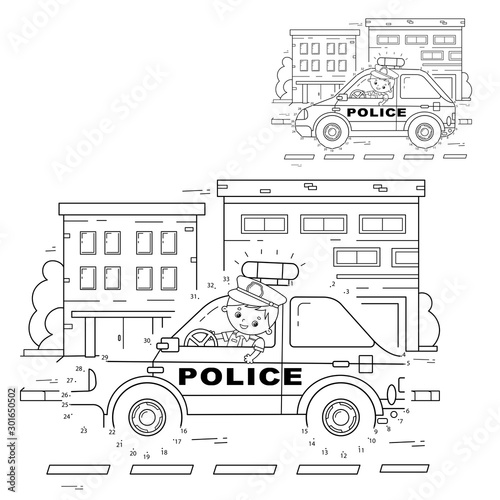 Educational Puzzle Game for kids: numbers game.Police car. Coloring Page Outline Of cartoon policeman with car. Coloring book for children.