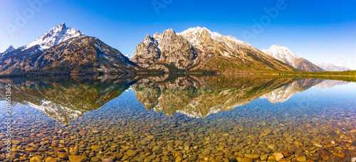 Panorama of Leigh Lake with reflection in the Grand Teton National Park